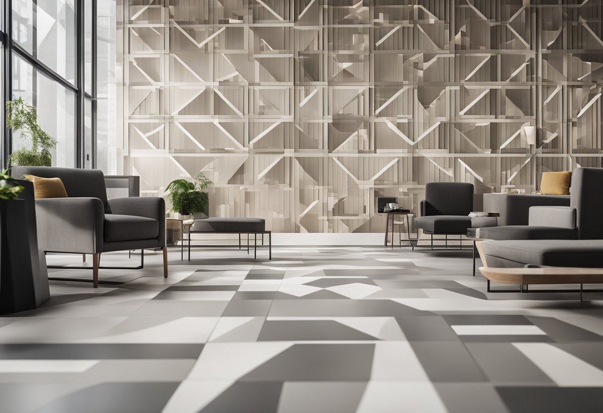 A modern office space with geometric patterns in neutral colors, featuring clean lines and minimalistic designs for wall tiles