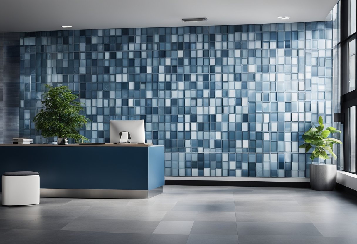 The office wall tiles feature a modern geometric pattern in shades of blue and gray, creating a sleek and professional atmosphere