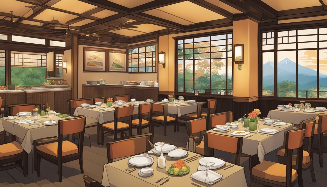 A bustling Japanese restaurant with a warm, inviting ambiance. Tables adorned with elegant place settings, and a sushi bar showcasing colorful, expertly crafted dishes