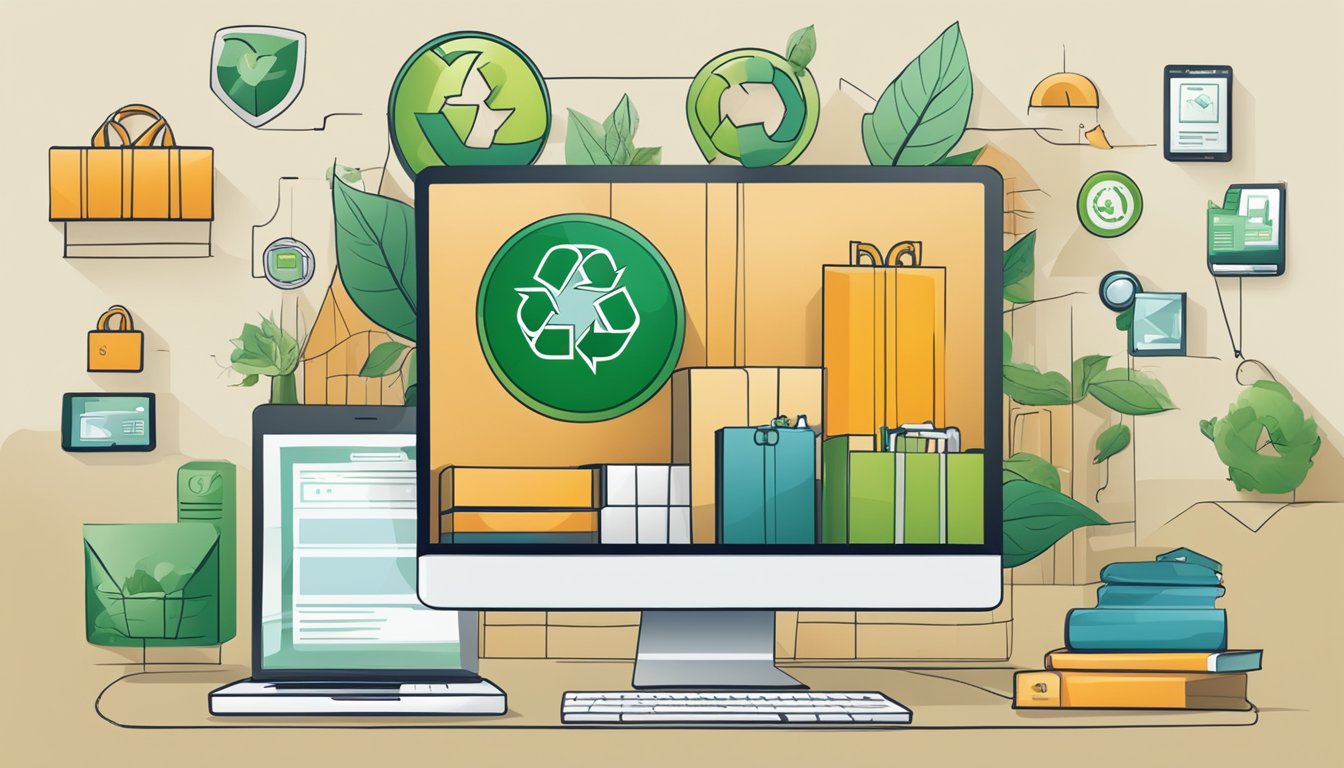 A laptop displaying a website with various recycled home goods. A recycling symbol and eco-friendly packaging in the background