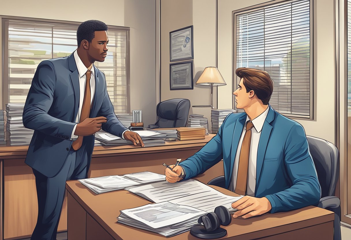 A traffic lawyer explaining license suspension and DUI fines to a client in an office setting