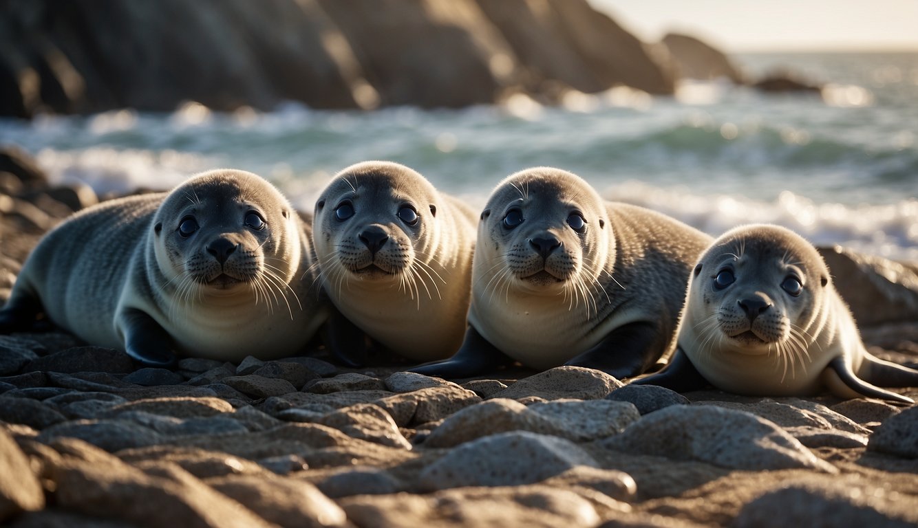 A group of baby seals frolic on the rocky shore, navigating through the crashing waves and basking in the warm sunlight