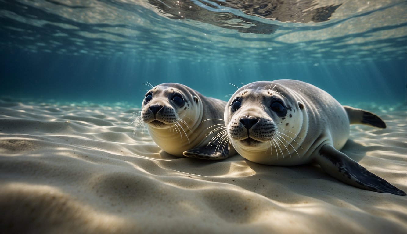 Baby seals playfully frolic in the sparkling ocean, their sleek bodies diving and flipping through the waves as they explore their underwater world