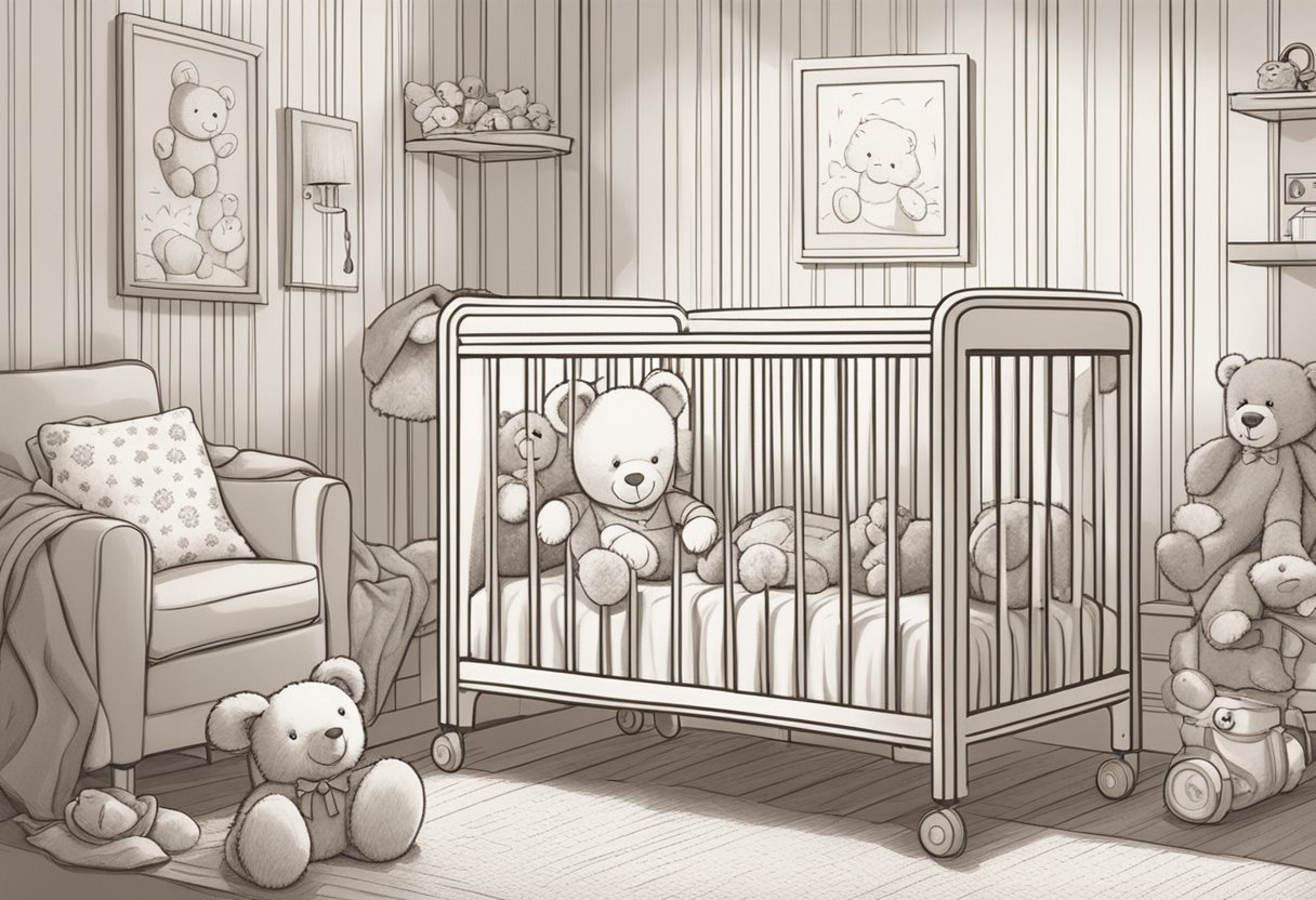 A baby named Brooks smiling in a cozy crib with a teddy bear