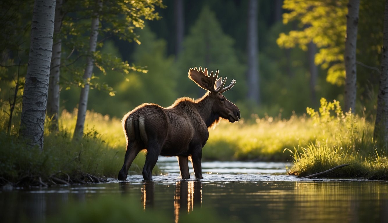 A baby moose grazes in a lush meadow, surrounded by towering trees and a calm stream.

The sun filters through the leaves, casting a warm glow on the young moose as it explores its wild surroundings