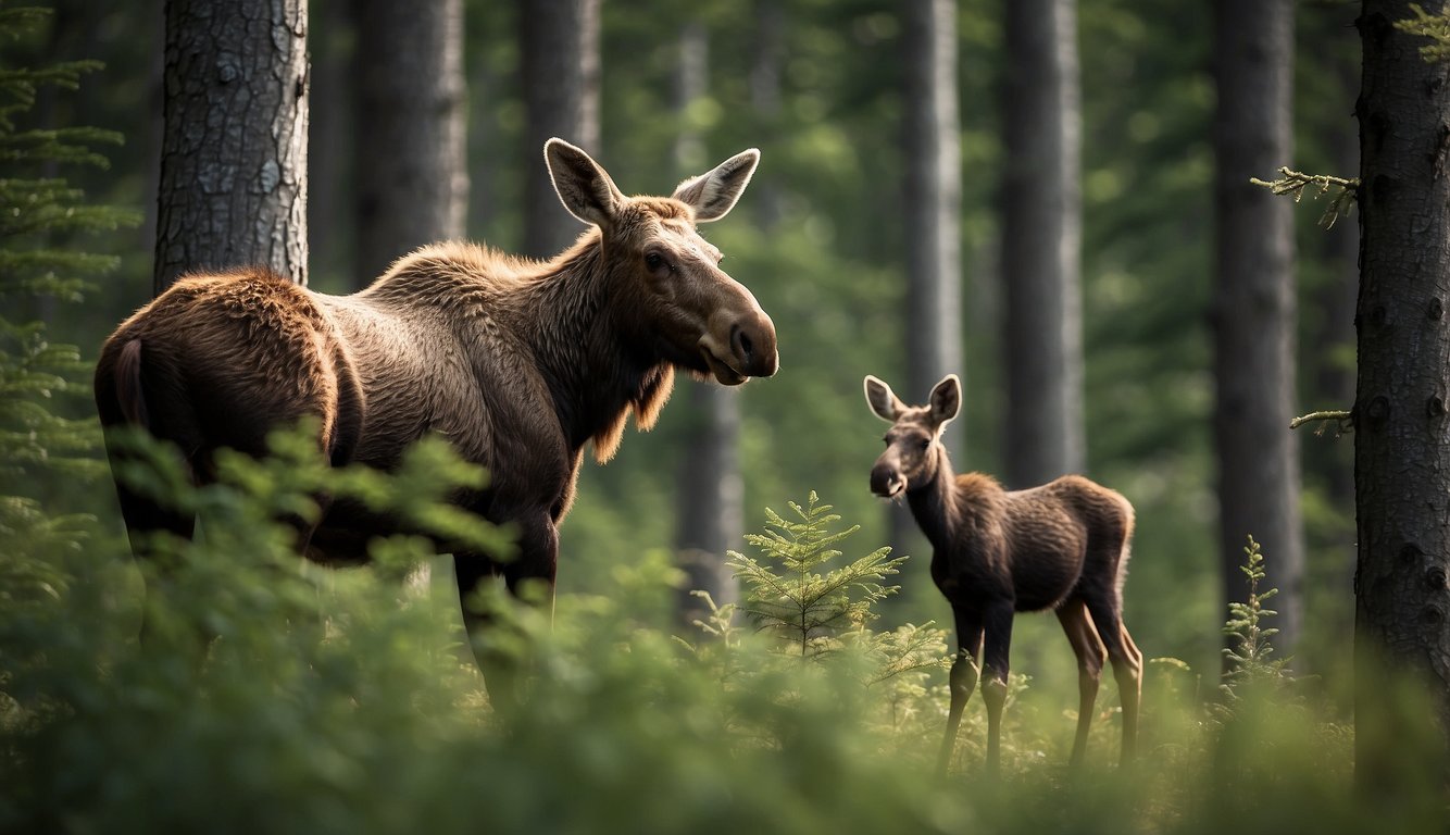 A mother moose stands watch as her baby moose explores the wild, surrounded by towering trees and lush greenery