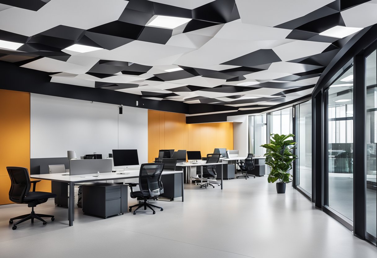 A modern office with a sleek, white ceiling featuring geometric pop designs in bold colors and clean lines