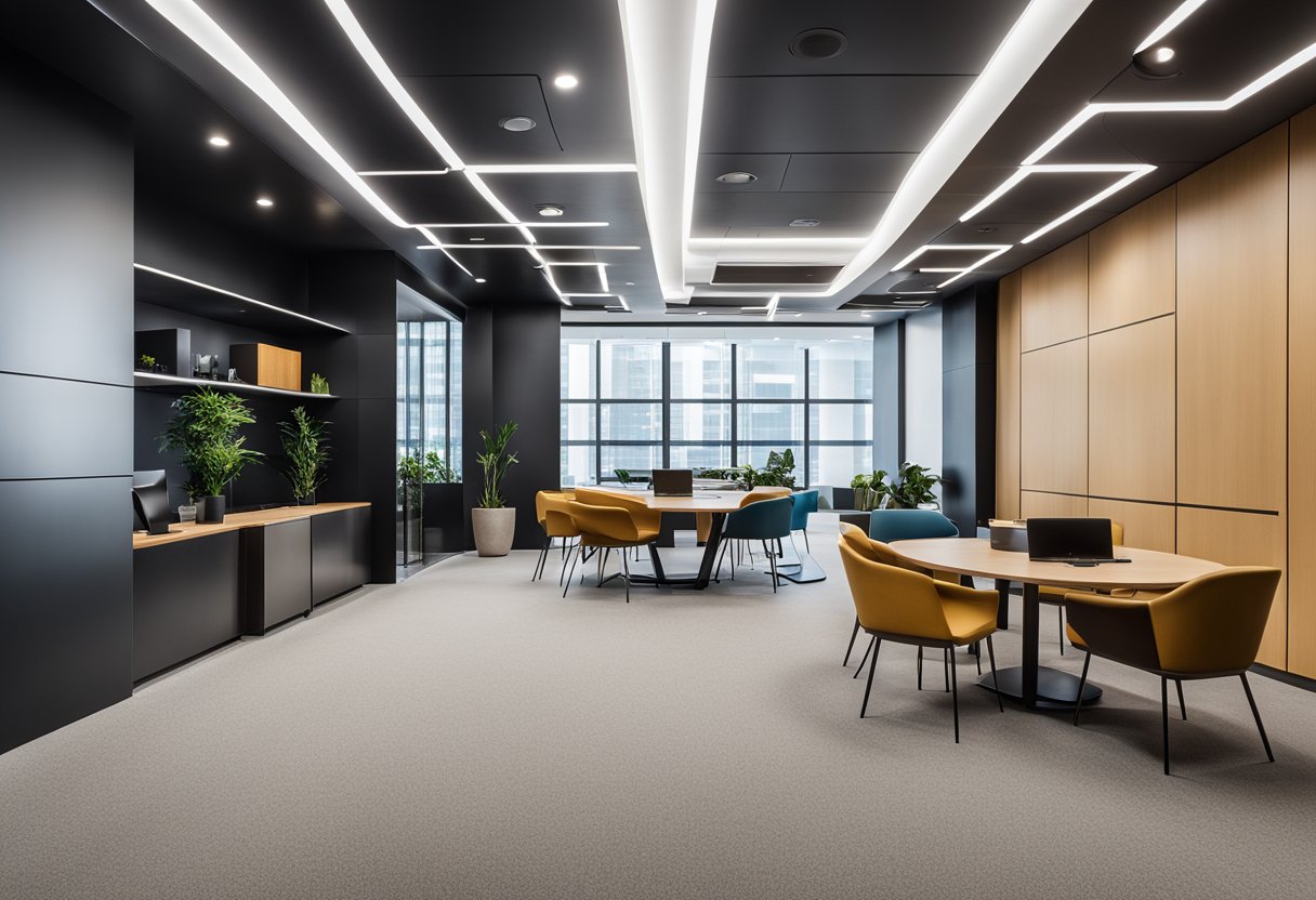 A modern office space with sleek, geometric pop ceiling designs, incorporating recessed lighting and clean, minimalist lines