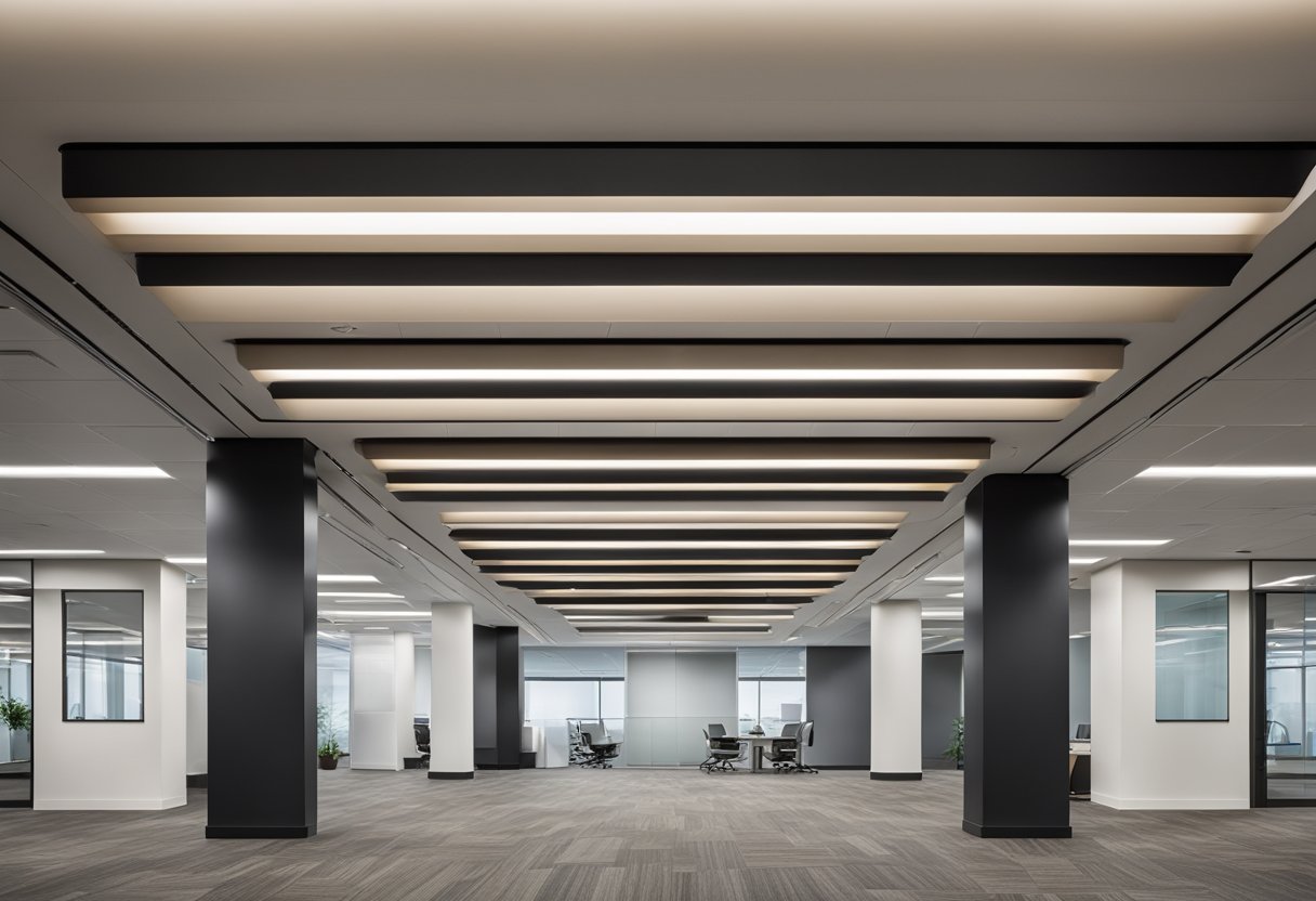 A modern office ceiling with sleek, geometric pop design. Clean lines, recessed lighting, and neutral colors create a professional and sophisticated atmosphere