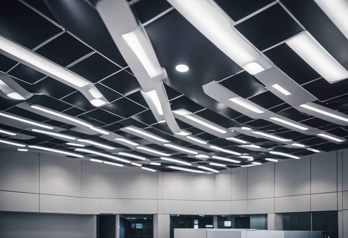 A modern office ceiling with a sleek and minimalistic "Frequently Asked Questions" pop design, featuring clean lines and a professional aesthetic