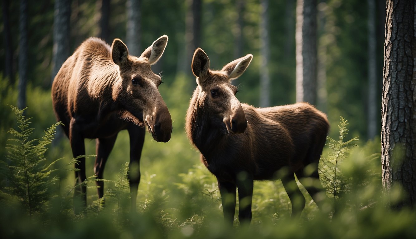 A mother moose watches over her baby as they grow up in the wild, surrounded by tall trees and lush greenery