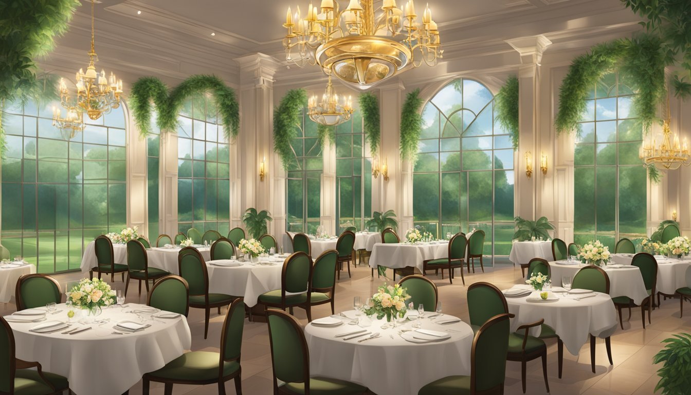 The elegant restaurant at Arena Country Club is adorned with chandeliers and surrounded by lush greenery, creating a serene and upscale dining atmosphere