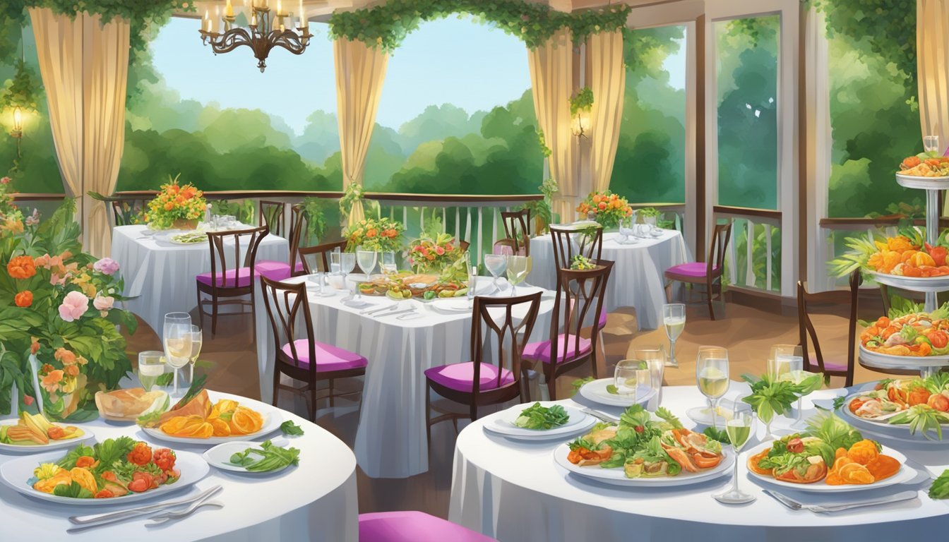 A table adorned with a colorful array of gourmet dishes, surrounded by lush greenery and elegant decor at The Arena Country Club restaurant