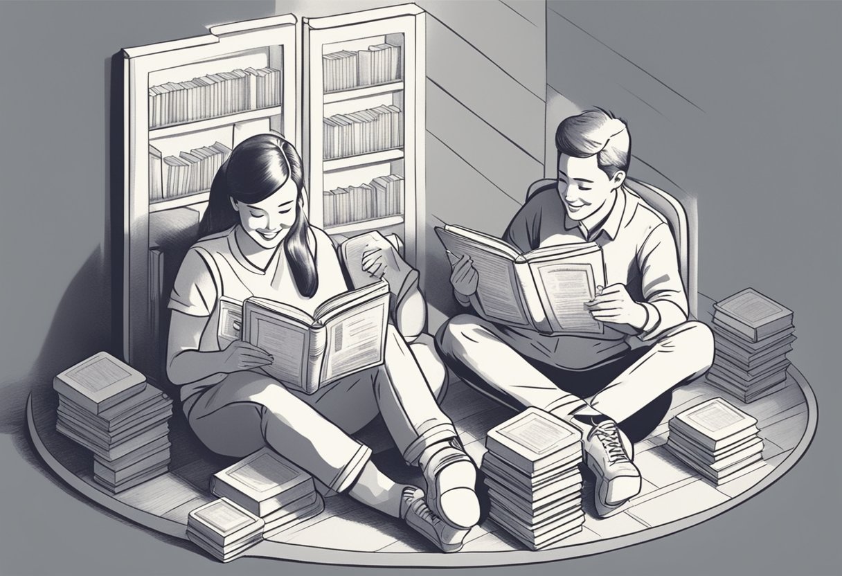 A couple sits surrounded by baby name books, pointing to the name "Brooks" with smiles on their faces