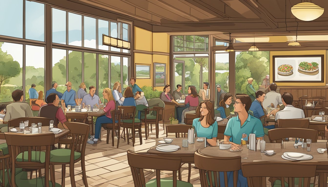 A bustling country club restaurant with a sign reading "Frequently Asked Questions" above the entrance. Patrons dine and chat in a lively atmosphere