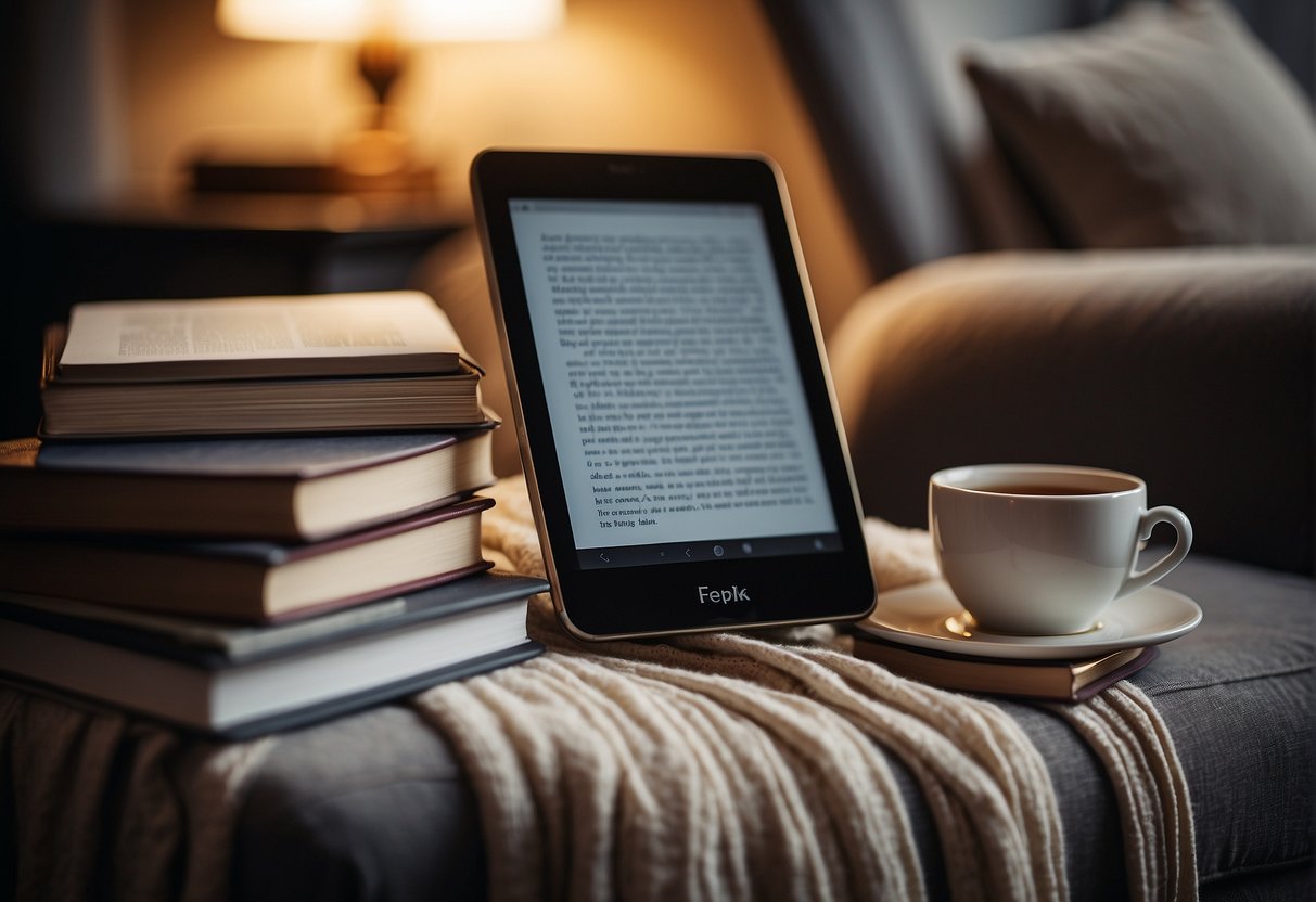 A cozy armchair with a soft blanket, a side table with a steaming cup of tea, and a stack of e-books on a sleek e-reader device