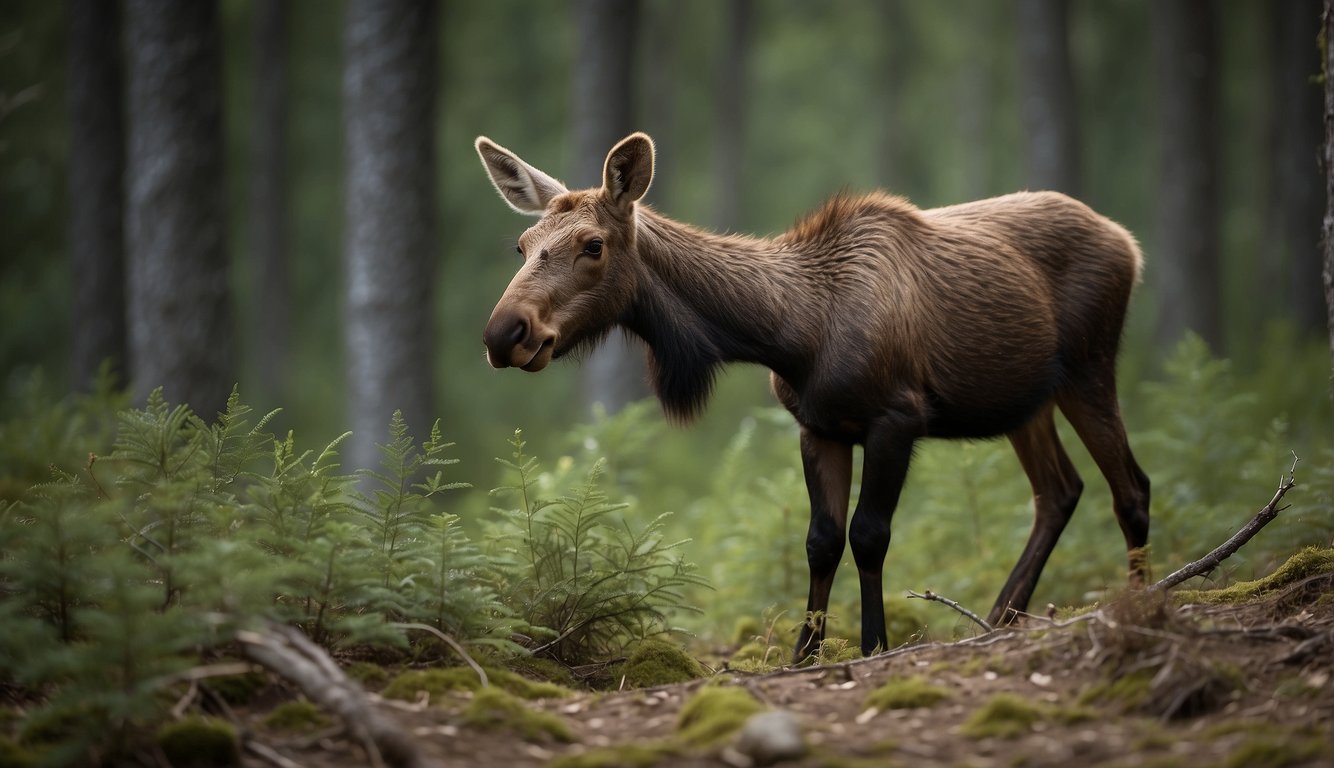 A baby moose exploring the forest, discovering new plants and animals, and learning to walk and run