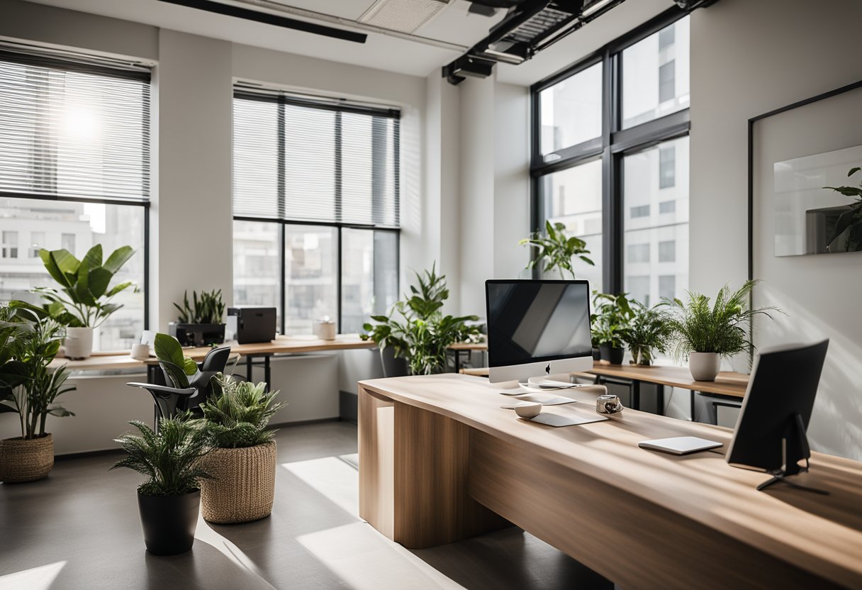 The small business office has a modern and minimalist design with sleek furniture, neutral color palette, and ample natural light. A large desk with a computer and a few plants adds a touch of warmth to the space
