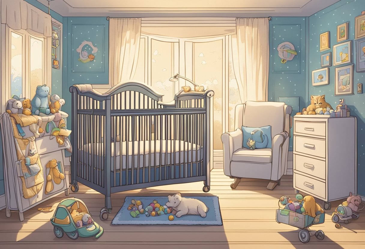A crib with the name "Brynn" on a soft blanket, surrounded by toys and a mobile
