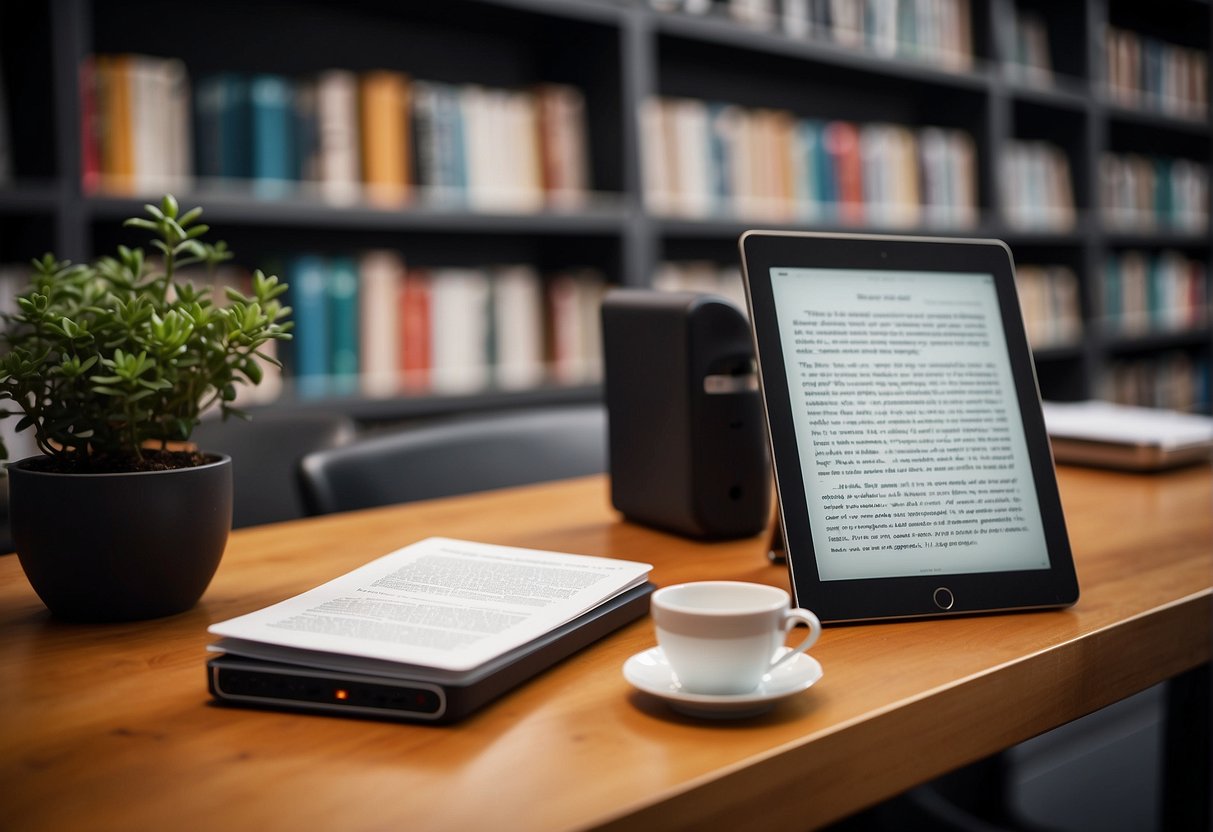 A stack of e-book readers, with clear screens and easy-to-use buttons, placed on a sleek, modern desk. A comfortable reading chair is nearby