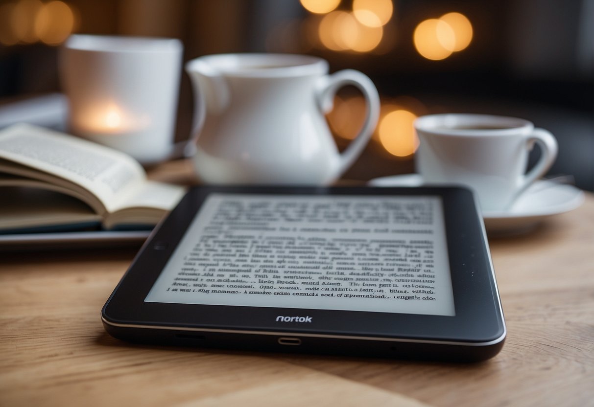 A stack of e-books on a sleek, modern e-reader device, with accessible formats options displayed on the screen