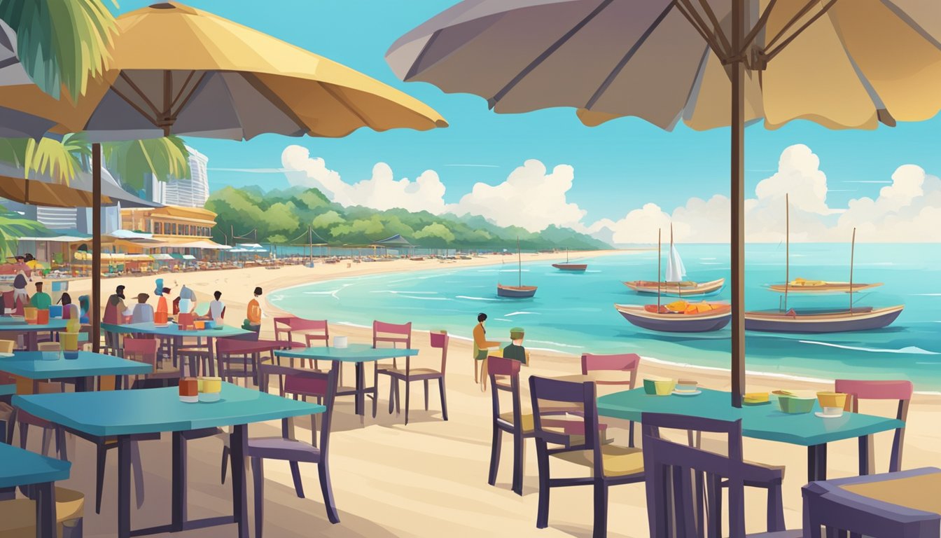 Colorful beach restaurants line the sandy shore in Singapore, with outdoor seating and umbrellas, while the clear blue sea stretches out in the background