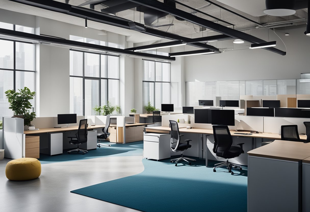 A modern office with efficient use of space, featuring multifunctional furniture, smart storage solutions, and a minimalist color palette