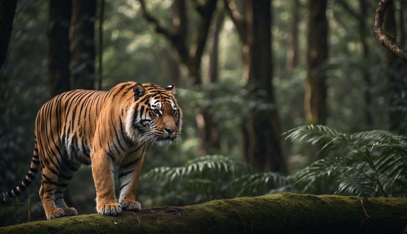 A lone tiger stands proudly in a lush forest, surrounded by the remnants of its dwindling species.

The majestic creature exudes power and grace, a symbol of the fight for survival