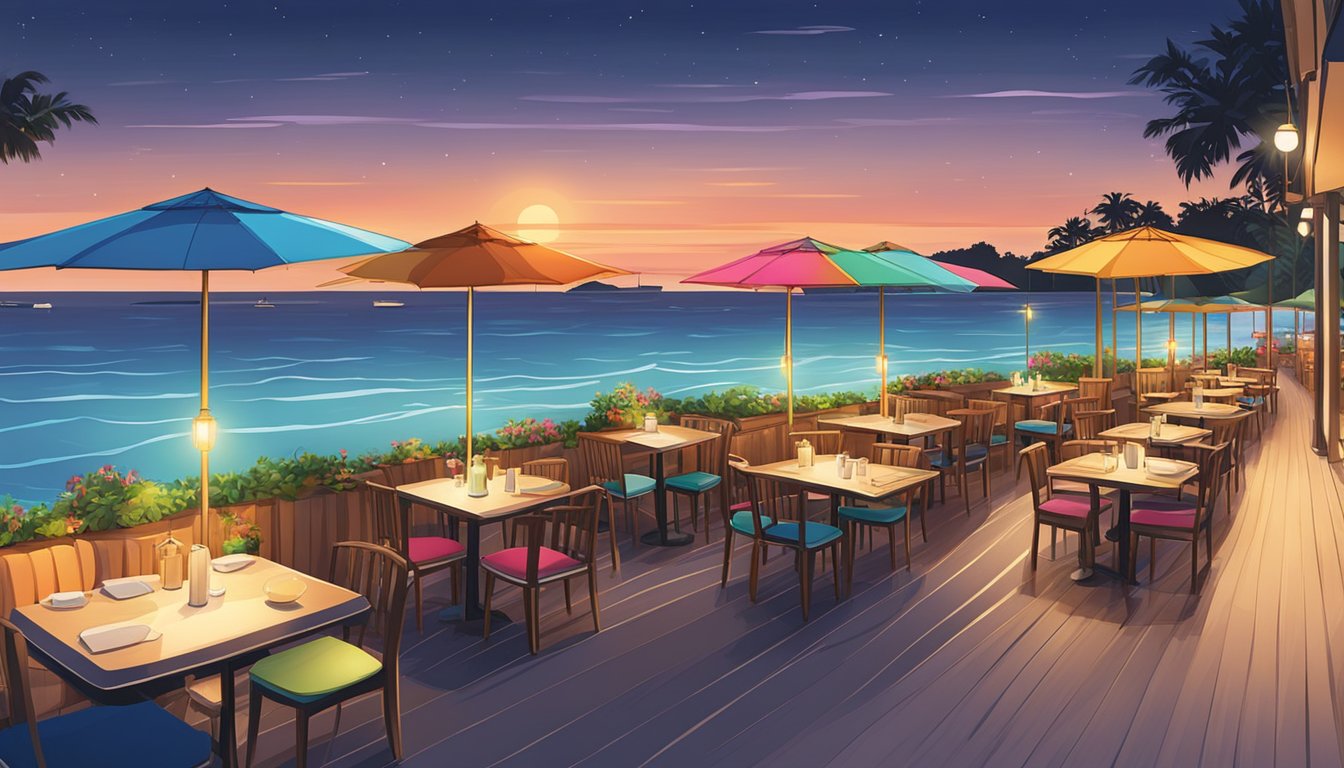 The sun sets over a row of beachfront restaurants in Singapore, with colorful umbrellas and tables set for diners enjoying the ocean view