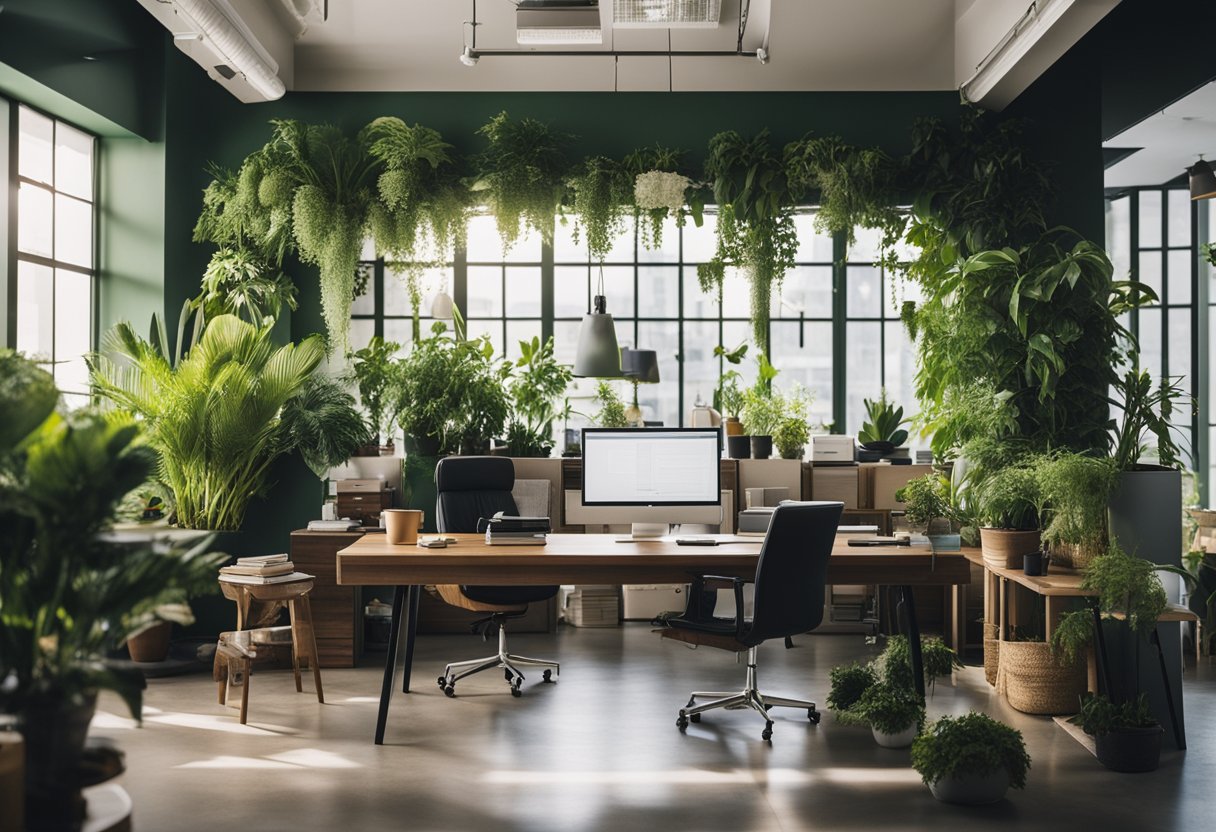 The office is bathed in natural light, with a mix of modern and vintage furniture. Green plants and motivational quotes adorn the walls, creating a cozy and inspiring atmosphere