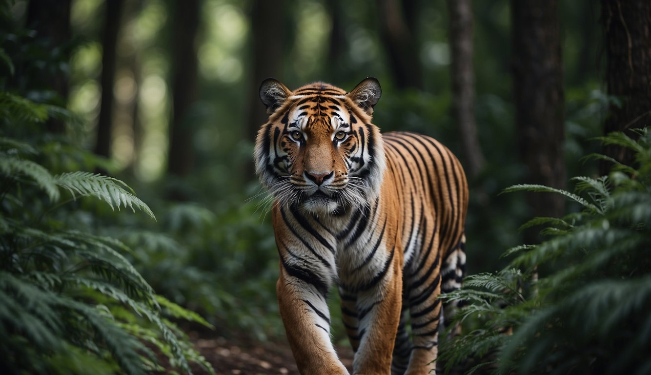 A majestic tiger prowls through a lush, dense forest, while conservationists work to protect its habitat and ensure the survival of its species
