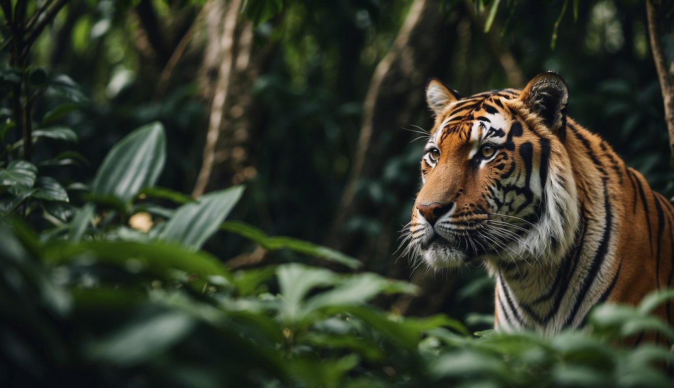 A majestic tiger prowls through a lush jungle, surrounded by vibrant flora and fauna.

The setting exudes a sense of ancient cultural significance and the urgency of conservation efforts