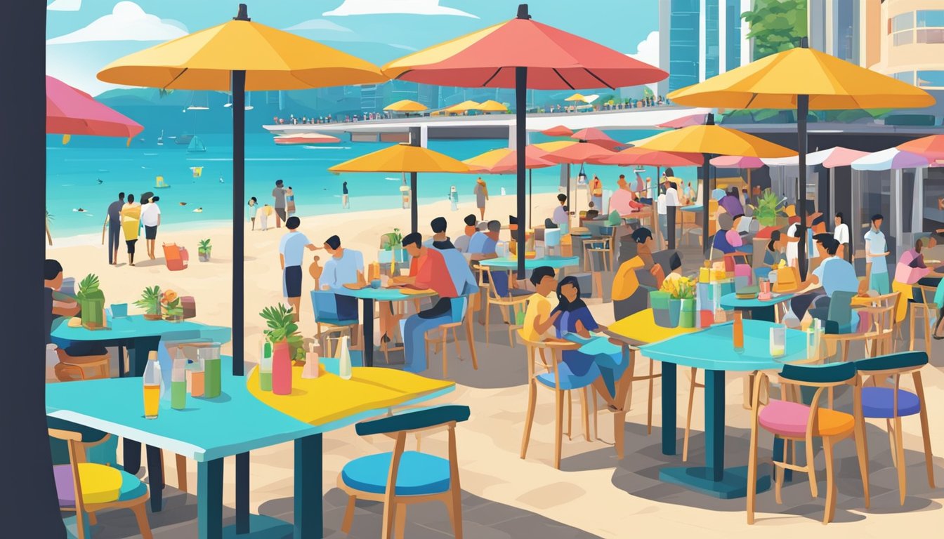 A bustling beachside scene with colorful umbrellas and tables, as customers enjoy food and drinks at various restaurants in Singapore