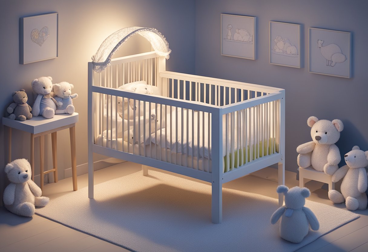 A small, fluffy crib with the name "Bree" embroidered on the bedding, surrounded by soft toys and a gentle nightlight