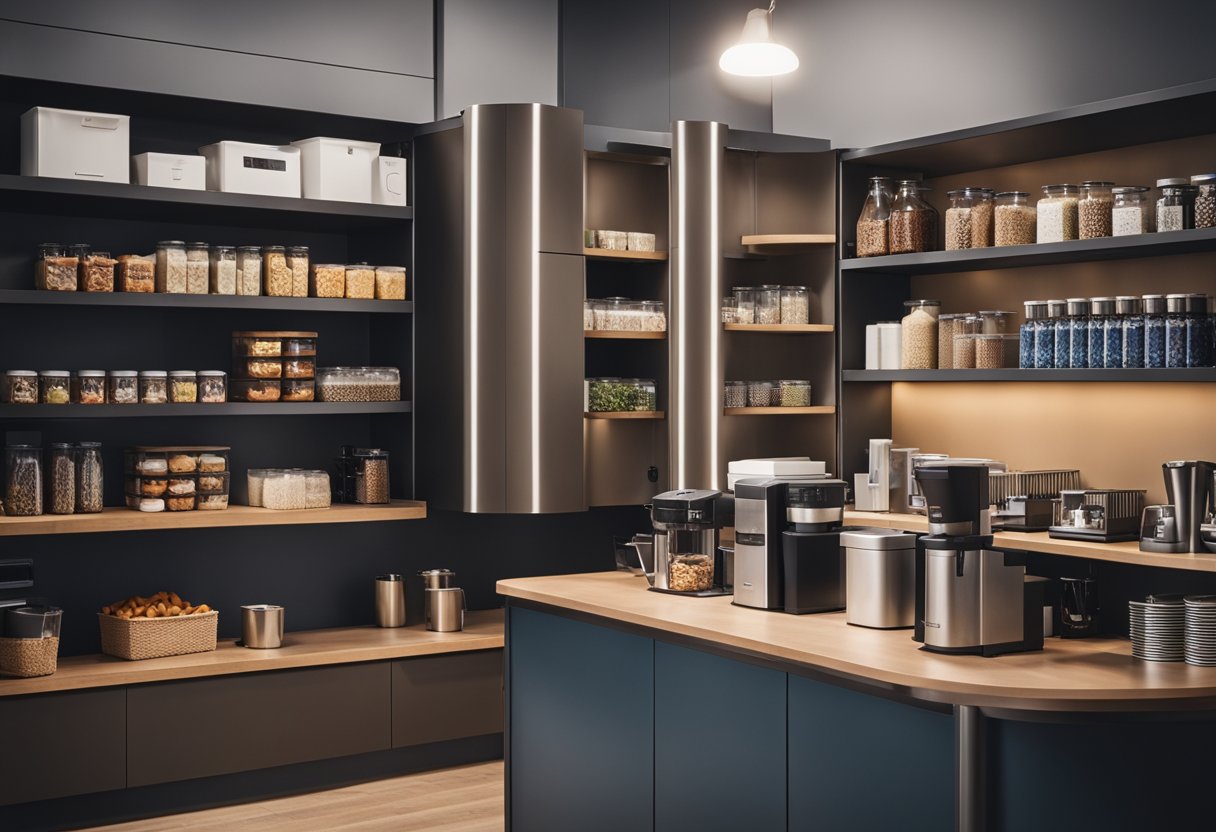 The small office pantry features a compact layout with shelves stocked with snacks, a coffee machine, and a small table with chairs for employees to take a break