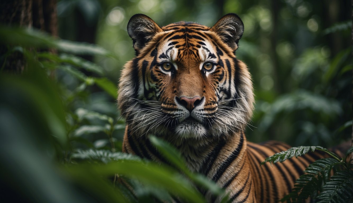 A majestic tiger stands alone in a lush jungle, its powerful form and piercing gaze capturing the essence of the endangered species