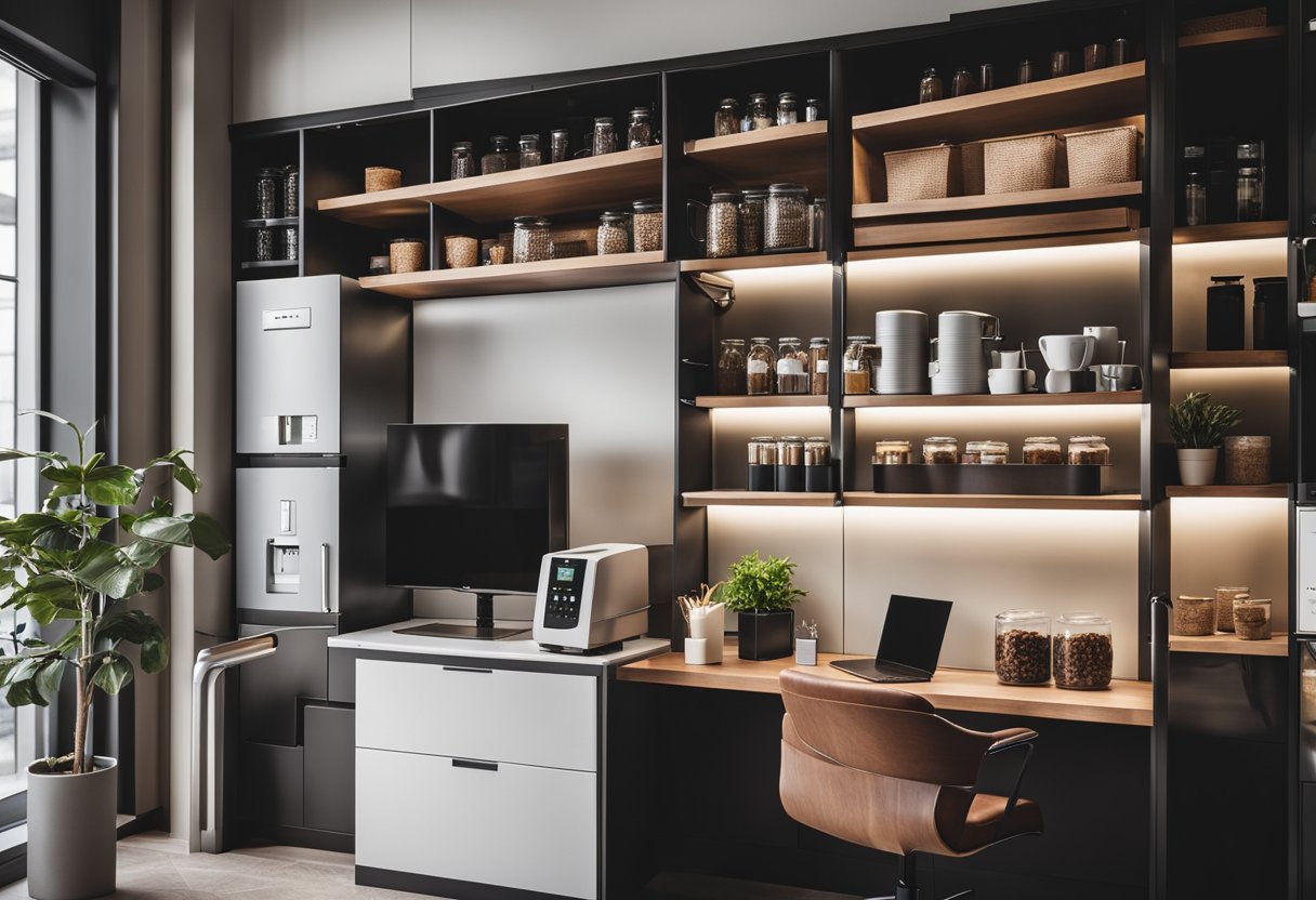 A modern, sleek office pantry with built-in shelves, a mini fridge, a coffee station, and a cozy seating area
