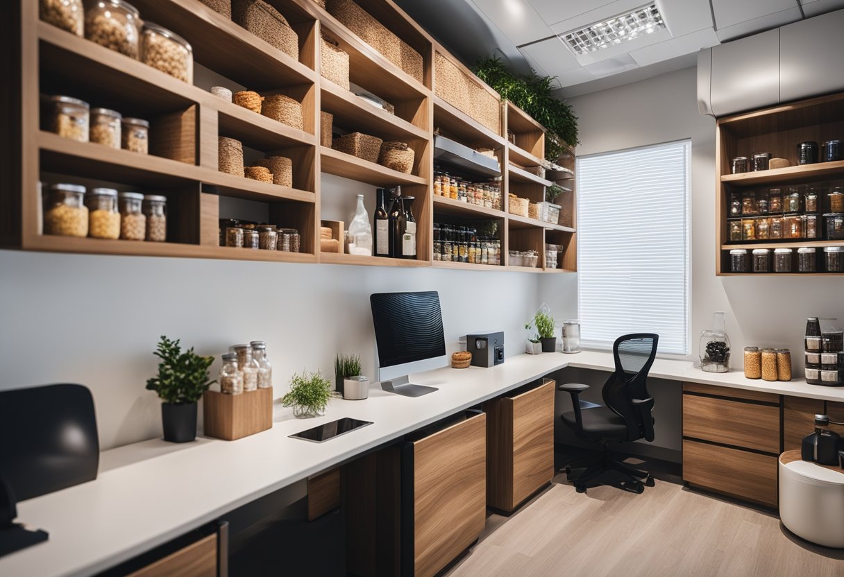 A cozy office pantry with modern furniture, natural lighting, and a variety of healthy snacks and beverages neatly displayed on shelves