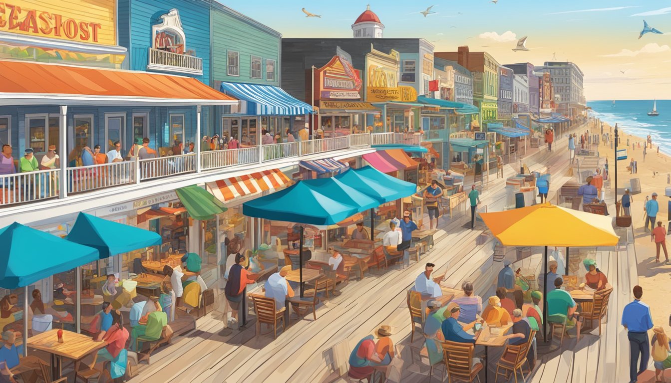 A bustling seaside boardwalk with colorful signs and outdoor seating, showcasing the best restaurants on the East Coast
