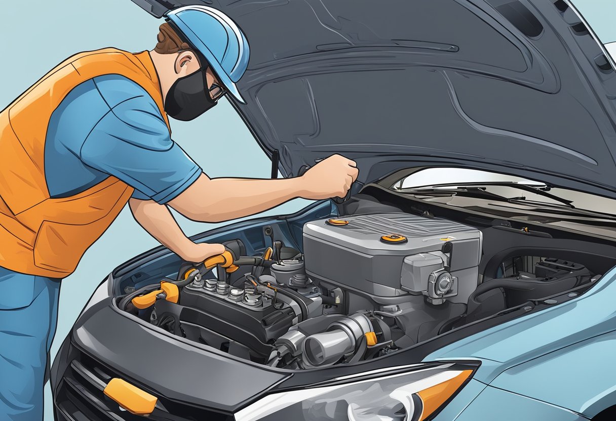 A mechanic installs an AGM battery into a car engine, using tools and wearing protective gear