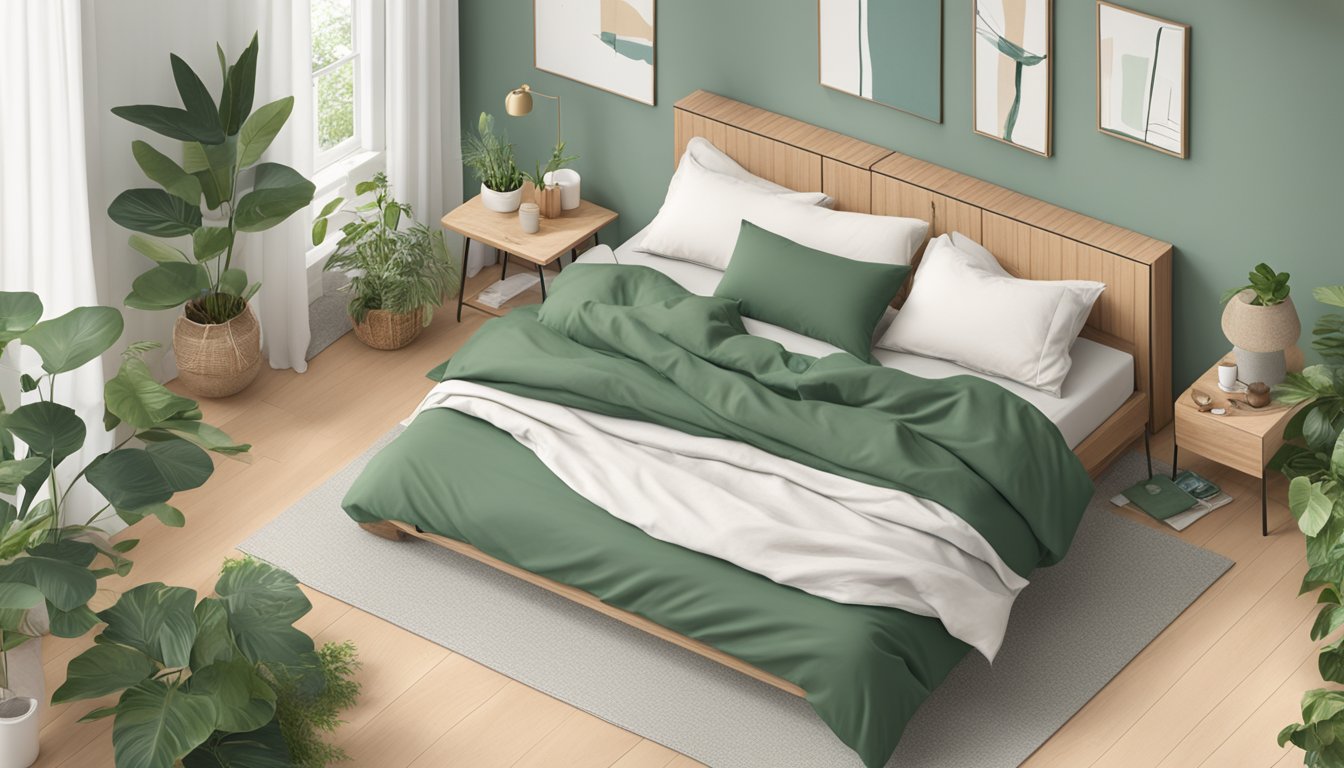 A bedroom with eco-friendly bedding brands displayed on a neatly made bed, surrounded by natural elements like plants and sustainable materials