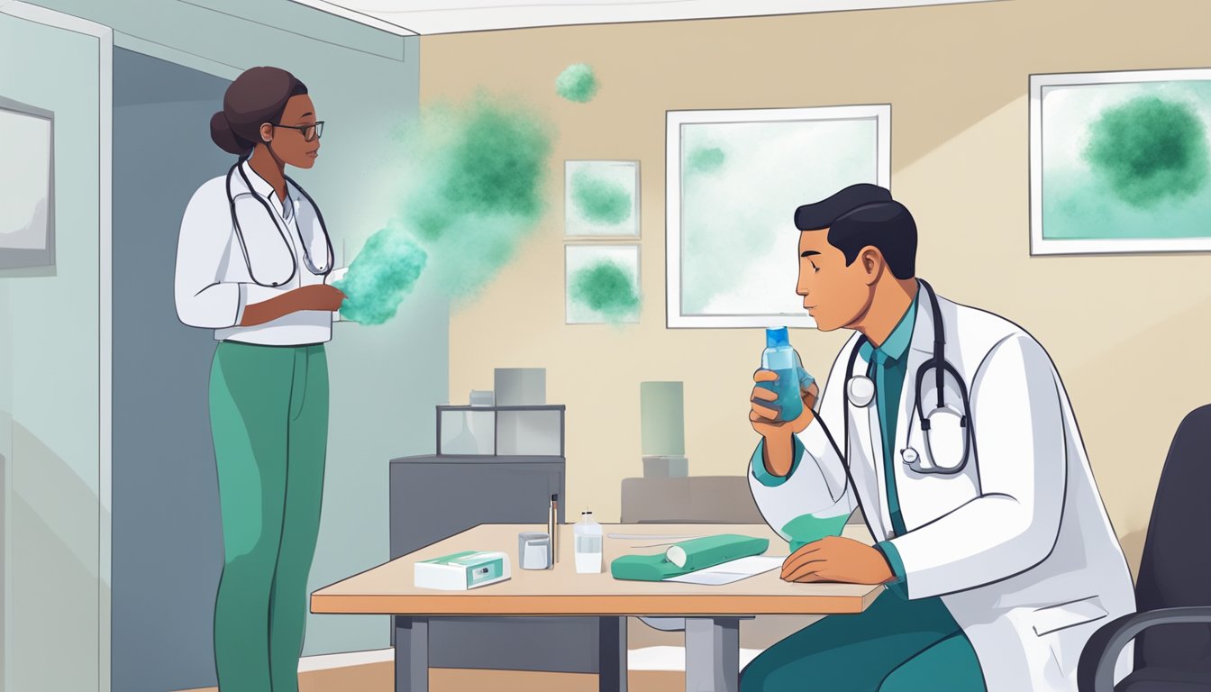 A room with visible mold growth on walls and ceiling, asthma inhaler on a table, and a doctor discussing mold exposure with a patient