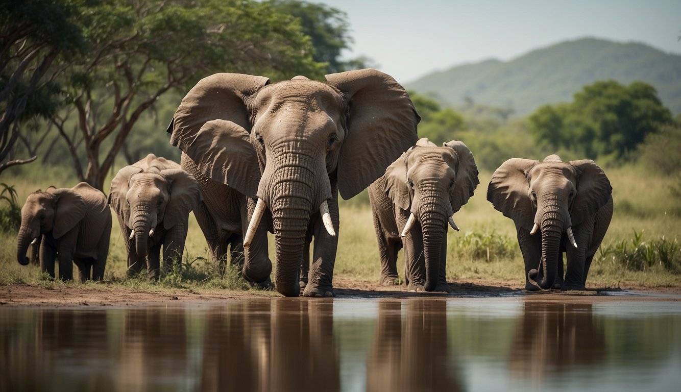 Elephants roam freely in a lush, green savanna.

A family of gentle giants gathers around a watering hole, seeking relief from the scorching sun