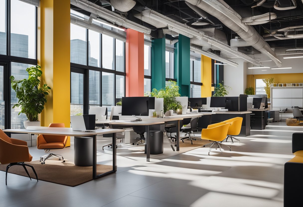 A modern, open-concept office space with sleek, ergonomic furniture and vibrant pops of color throughout. Large windows allow natural light to flood the space, creating a bright and inviting atmosphere