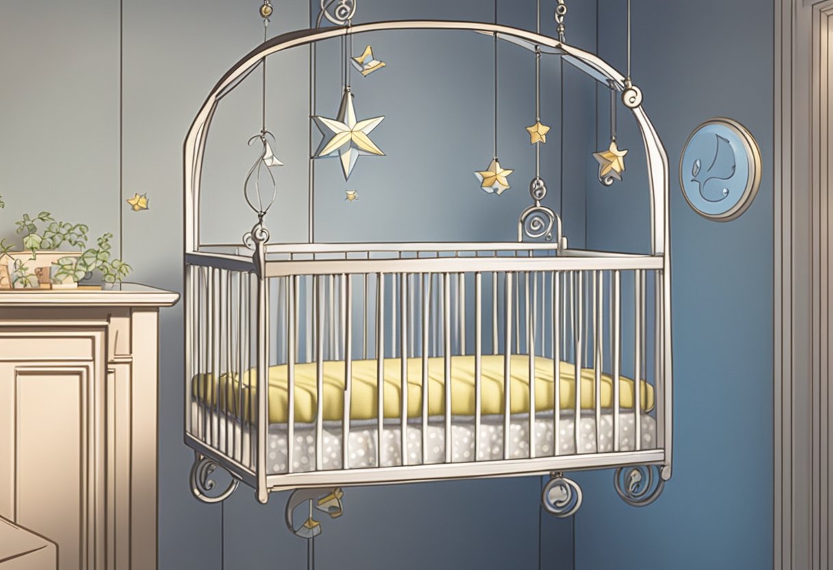 A baby mobile with the name "Charlotte" hanging above a crib
