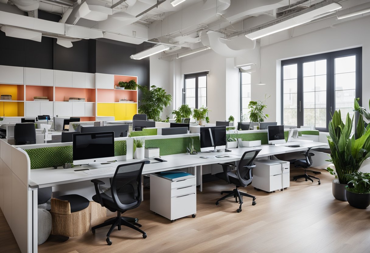 A modern, open-plan office space with sleek, ergonomic furniture and vibrant pops of color. The layout is designed for collaboration and flexibility, with plenty of natural light and greenery