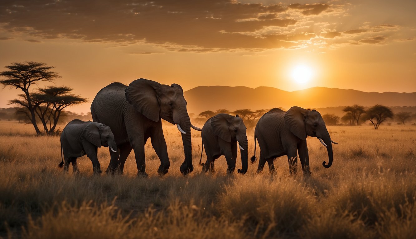 A family of elephants roam the vast savannah, their majestic forms silhouetted against the setting sun.

The matriarch leads her herd with grace and wisdom, while the young calves playfully follow behind