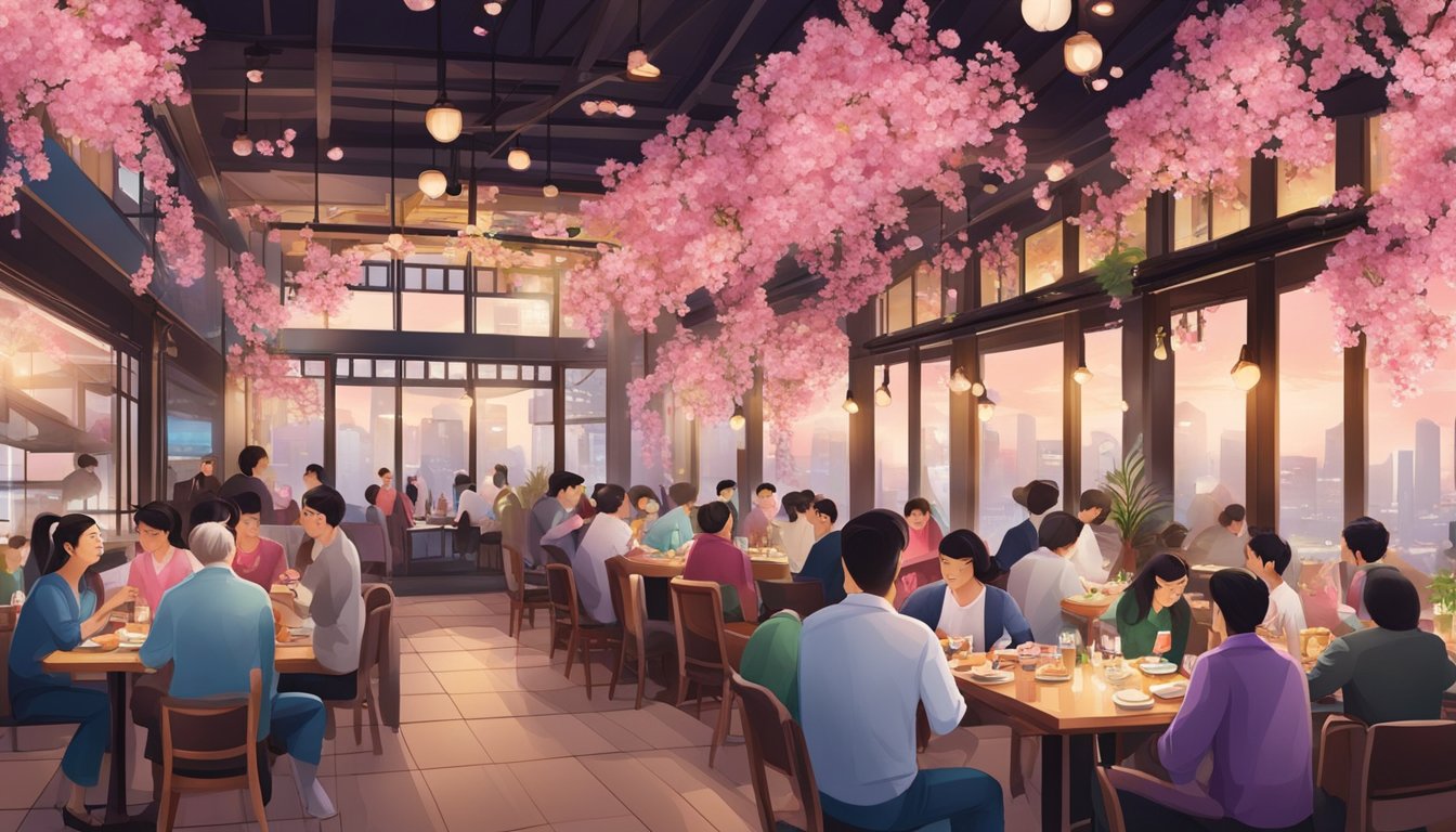 A bustling restaurant in Singapore, with vibrant cherry blossom decor and a lively atmosphere