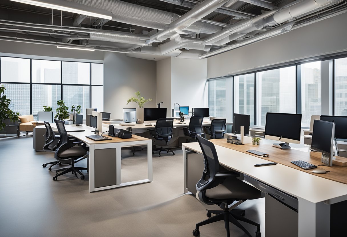 Steelcase office design: Open workspace with modern furniture, collaborative areas, and natural lighting. Employees engage in meetings and individual work