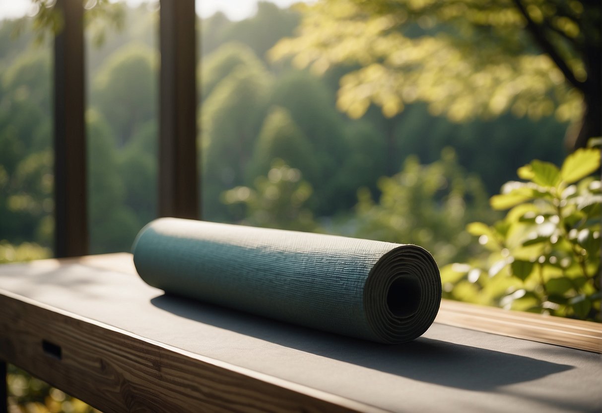 A serene setting with a yoga mat, surrounded by nature. Sunlight filters through the trees, creating a peaceful and calming atmosphere